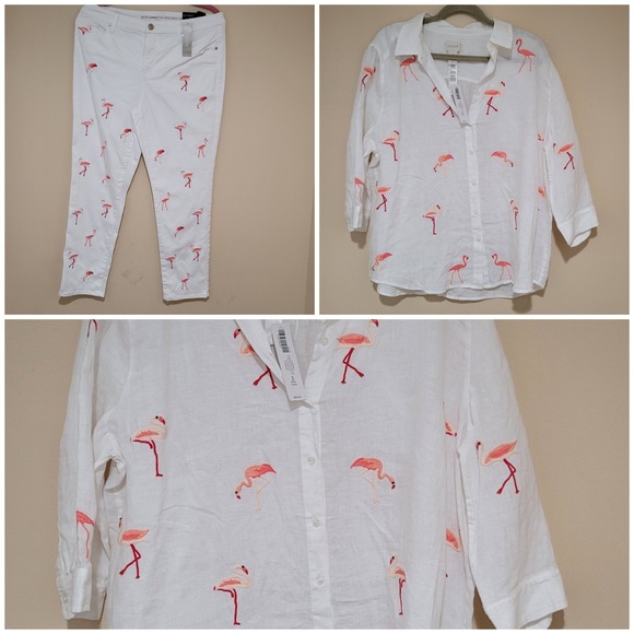 CHICO LINEN FLAMINGO EMBROIDERED Linen button down shirt Denim Pants Set New XL - Picture 1 of 16